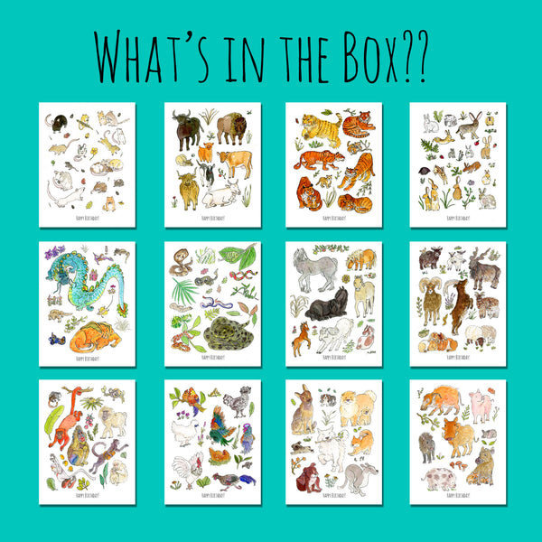 Lunar Zodiac Birthday - Box Set of 12 Cards